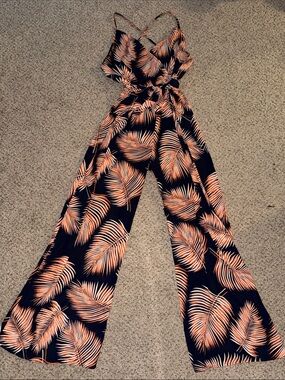 Timing Navy Blue Palm-Print Jumpsuit Size Medium